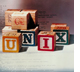 Photo of Unix spelled out in blocks.